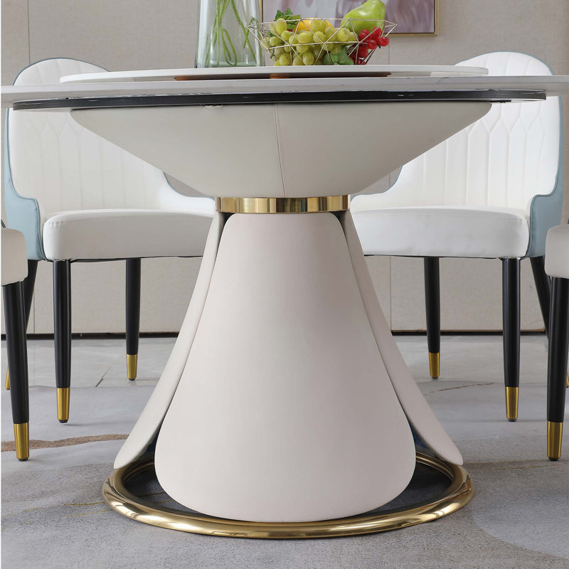 Table de salle à manger moderne 59,05 "en pierre artificielle avec plateau rond 31,5", 9 pièces : table, 8 chaises