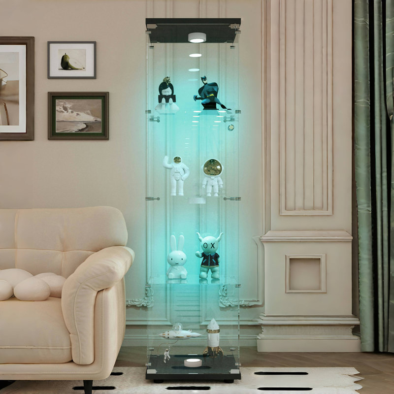 Glass Display Cabinet With LED Strip Lights, Glass Display Cases With Shelves, Curio Cabinets, Black