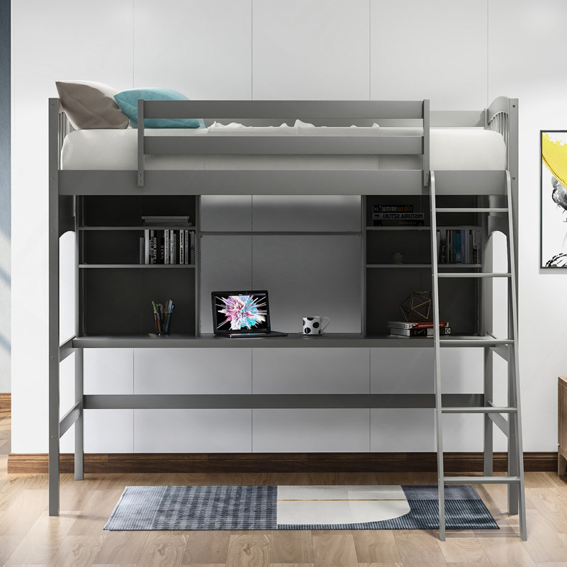 Twin Size Loft Bed With Storage Shelves, Desk And Ladder, Grey