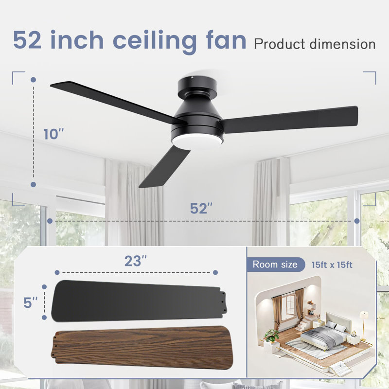 52 In. Indoor/outdoor Black Ceiling Fan With Light And Remote, Dimmable Led, 3-color, 6 Speeds Dc Reversible, Noiseless