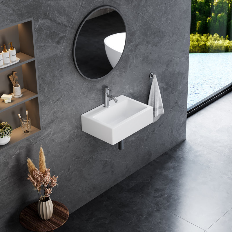 Lavabo de salle de bain mural / vasque rectangulaire en céramique blanche l 17 po x P 12 po