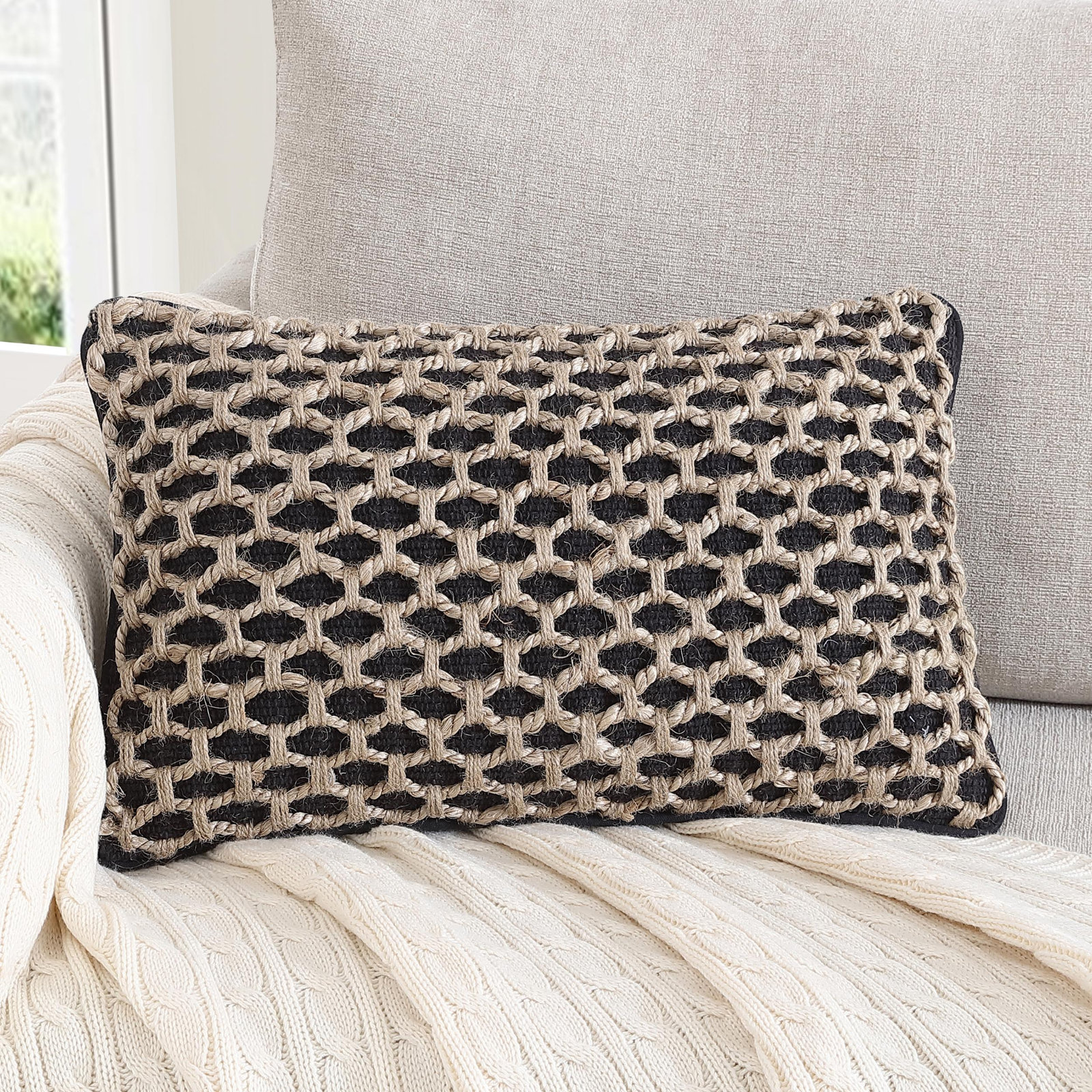 Ablo Textured Cotton Throw Pillow, Rectangular 12"H x 20"W, Black/Natural