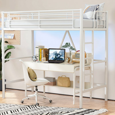 Metal Loft Bed Set Of 2, Heavy-Duty Steel Frame With Full-Length Guardrails, Built-In Ladder And Open Under-Bed Space For Storage Or Desk