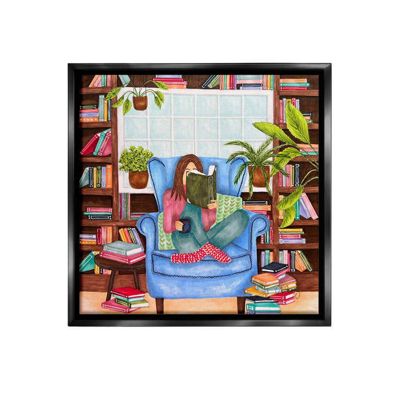 "Coin de lecture confortable" sur toile, Cadre flottant noir de jais, H 18 po x l 18 po