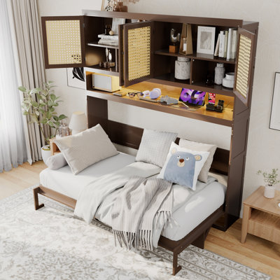 Twin Murphy Bed, Fold-Out Design, Wood, Desk, Storage Cabinets & Shelving, Modern Farmhouse, Multifunctional Room