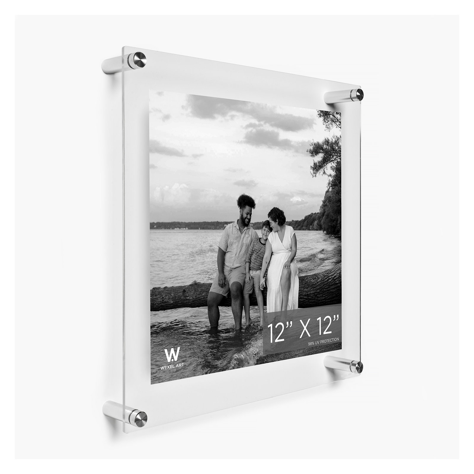 Clear UV-Grade Acrylic Modern Floating Picture Frame, 12" W x 12" H, Silver