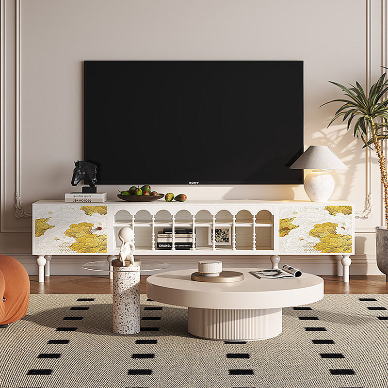 Meuble télé avec rangement peint français rétro, H 21,26 po x L 70,87 po x l 15,75 po, Blanc