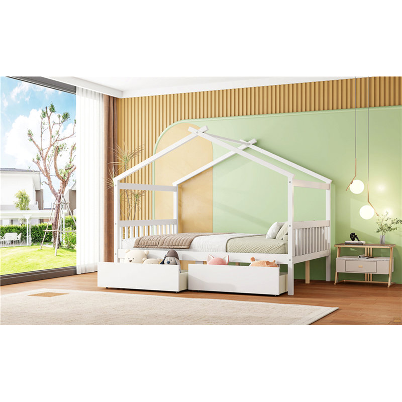 Lit double en bois avec tiroirs, Lit double, Blanc