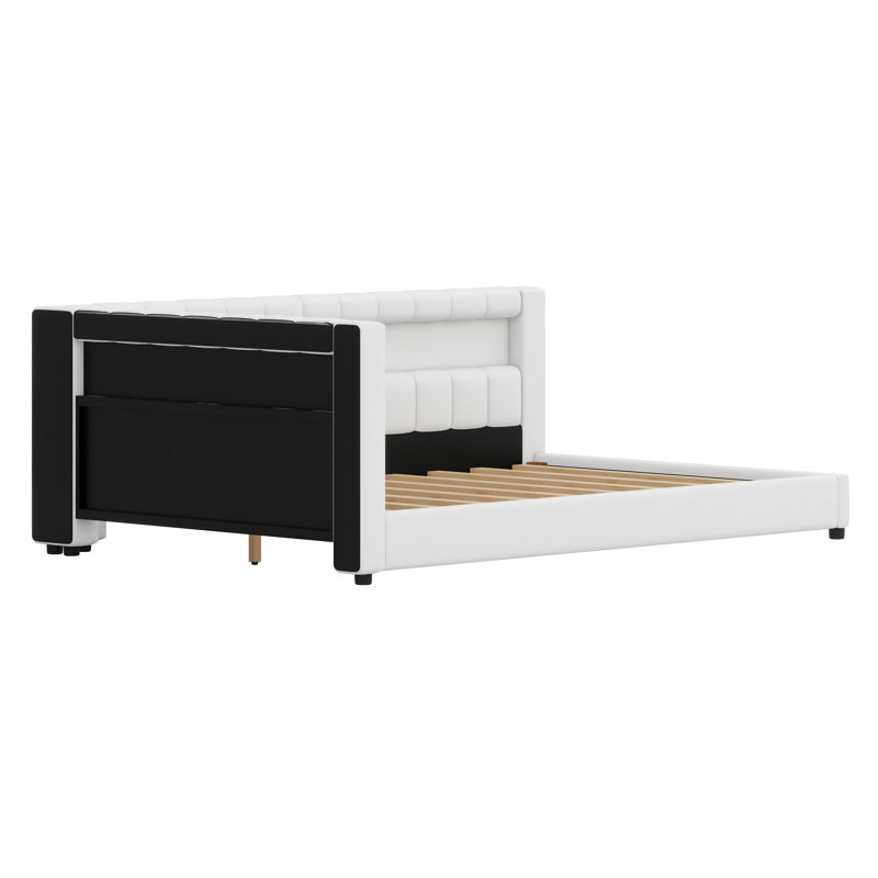 Smart Upholstered Low-Profile Bed with Connected USB Hub and Decorative Light Belt, Cream White