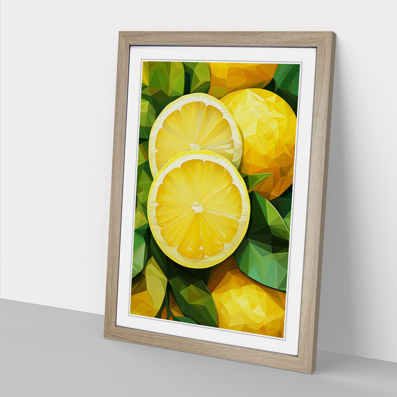 Lemon Fruit Geometric - Single Picture Frame Print on Wood, Oak Framed, 34cm H x 25cm W x 2cm D