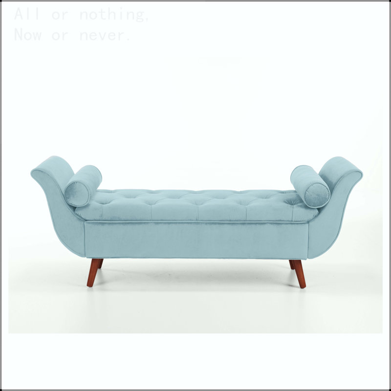 Vintage Tufted 65-inch Long Bench, Velvet Upholstered Storage Ottoman with Classic Retro Design, Brown Wood, Blue