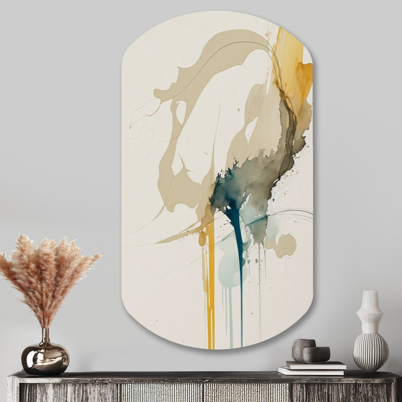 Moutarde jaune Secrets VI - Art abstrait en forme de cylindre encre liquide assymétrique, H 43 po x l 23 po