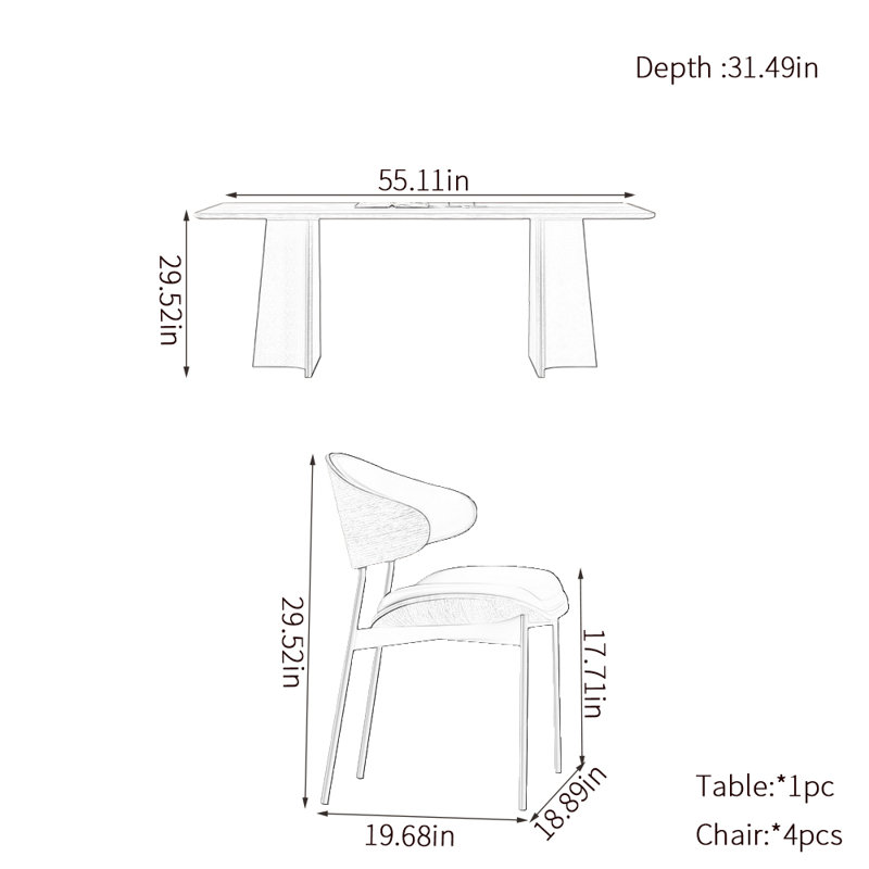 Retro rectangular family dining table sets, 29.52"H x 55.11"L x 31.49"W