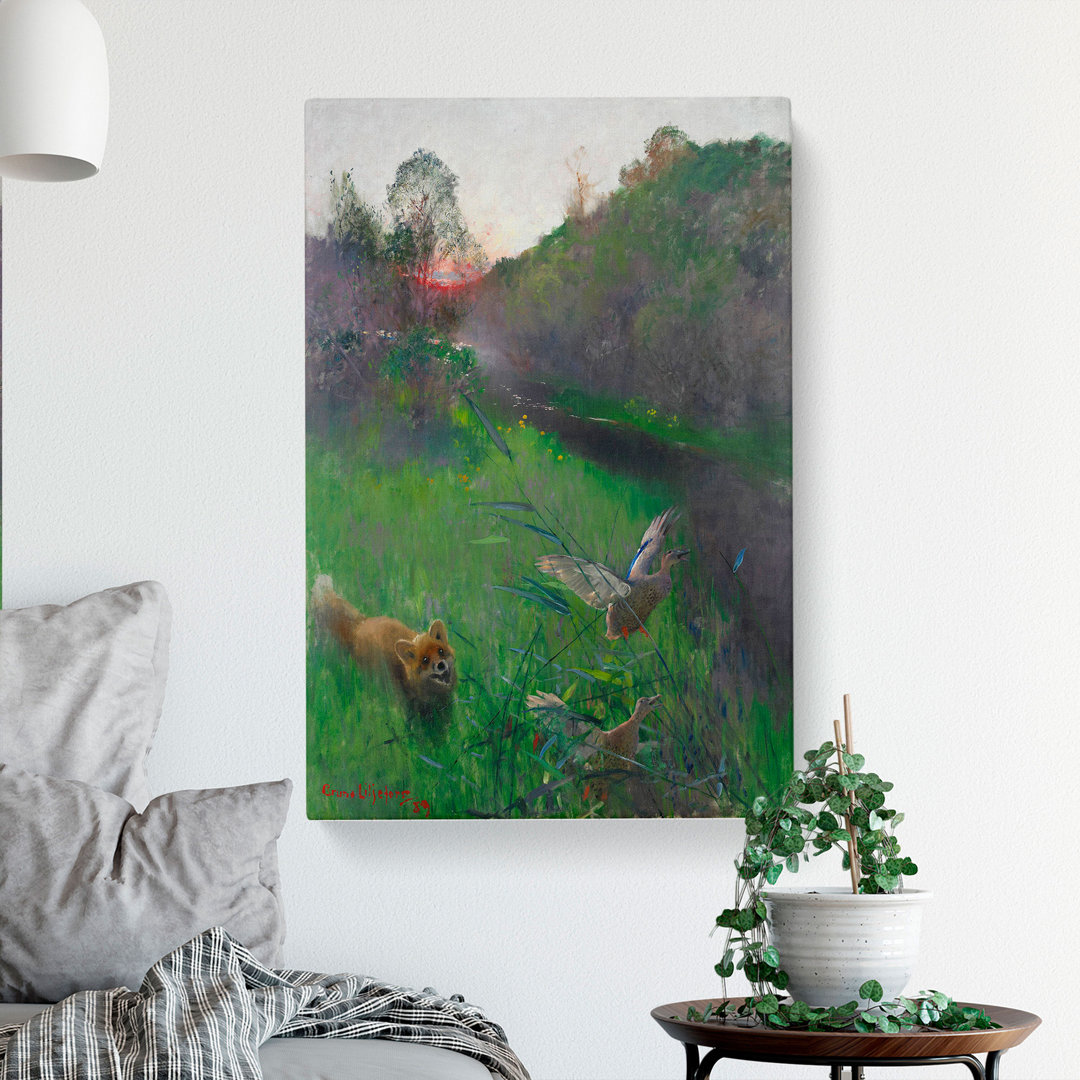 Fox And Seabirds by Bruno Liljefors - Wrapped Canvas