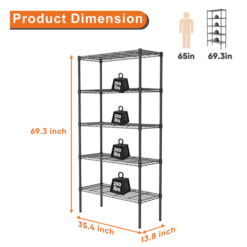 Storage Shelving Unit, (5 Shelves) 69.2"H x 13.7"W x 35.4"D