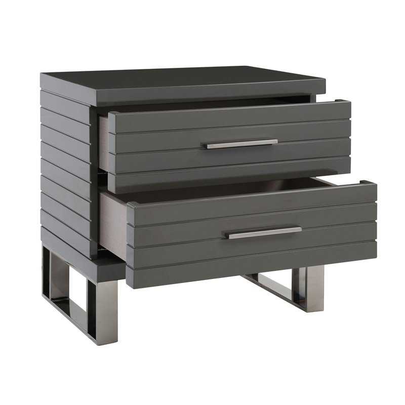 Table de chevet 28 pouces, 2 tiroirs avec poignées en métal, design à lattes, gris