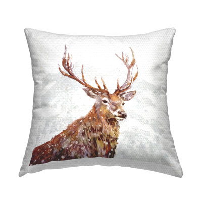 Deer Portrait Snowy Mountain Scene Outdoor Printed Pillow by Pip Wilson