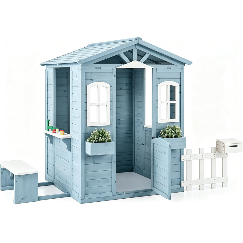 Cabane de jeu extérieure avec banc et clôture, 50 x 80 * 47 pouces, Blue