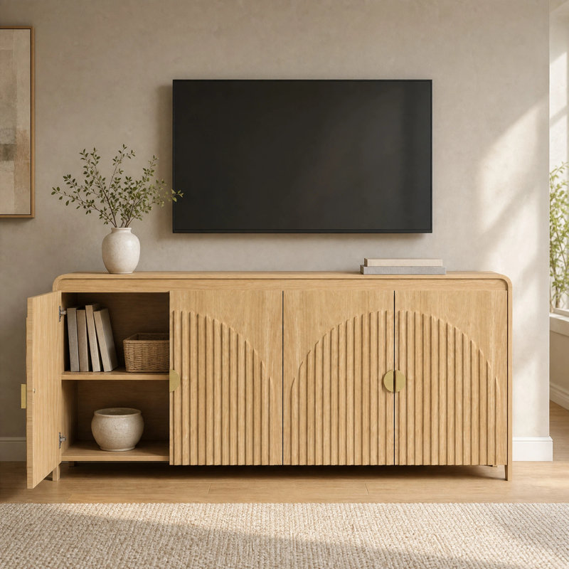 Buffet incurvé de 63 pouces avec texture 3D et étagères réglables pour salle à manger, cuisine et salon, Naturel