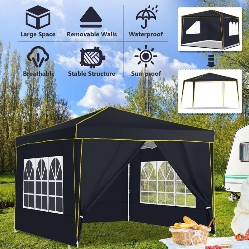 3x3m Pop up Canopy with 4 Sidewalls, for Parties Beach Camping Party Event, Black