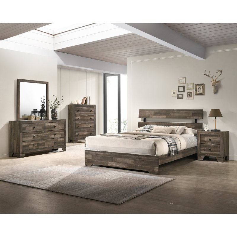Rustique, lit plateforme double, base de lit à profil bas, finition brune, style contemporain, bois, Lit double