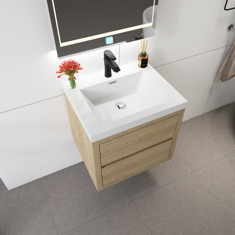 Meuble-lavabo mural 24 po avec lavabo, Chêne, bois naturel