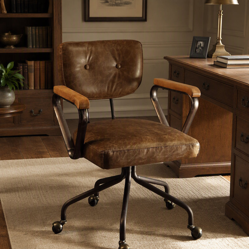 Fauteuil de bureau Hallie Vintage Whiskey en cuir pleine fleur avec hauteur et inclinaison réglables pour un confort d'assise optimal