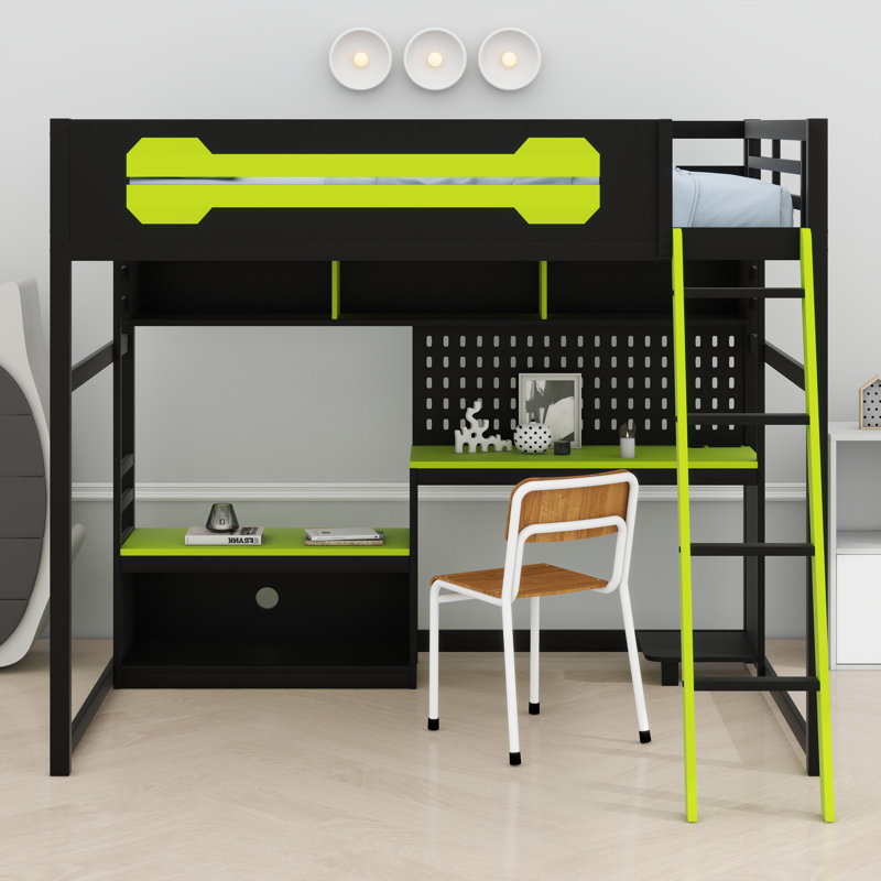Lit mezzanine en bois avec bureau, Noir/vert