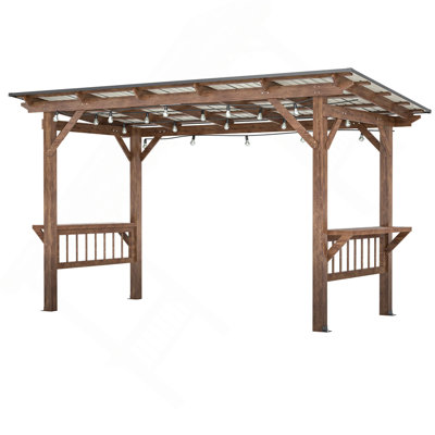 13' X 6.5' Wooden Pergola Grill Gazebo With Metal Roof & Bulbs & Bar Counters