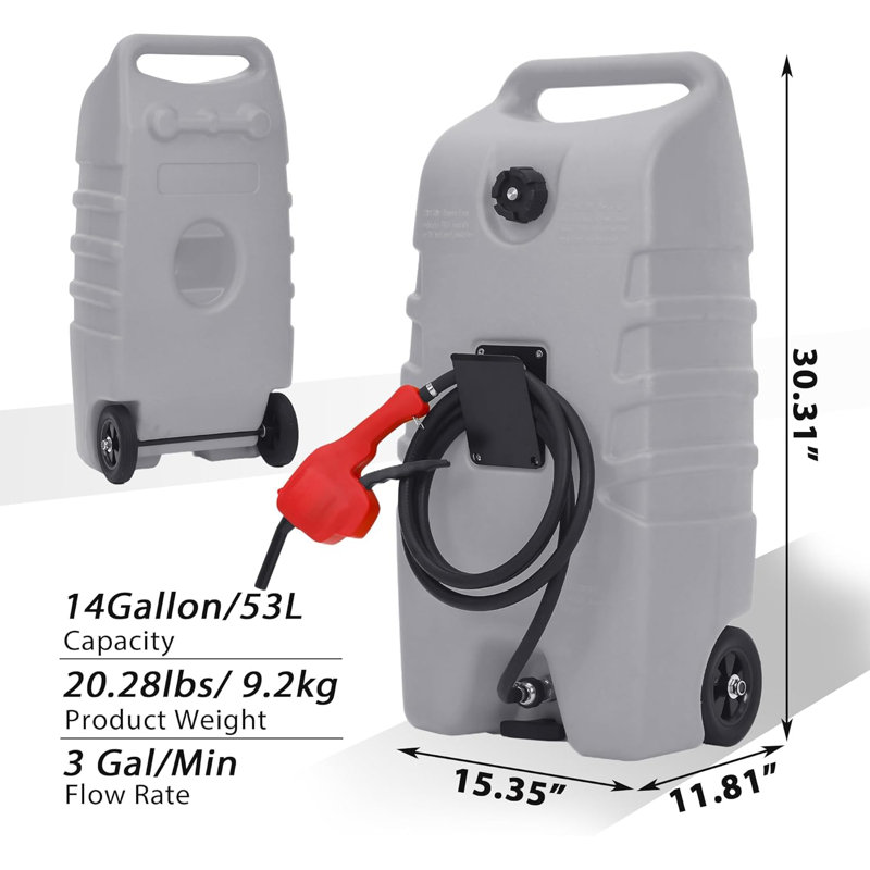 14-Gallon Portable Fuel Tank Gasoline & Diesel Caddy with Manual Siphon Pump 10FT Hose and Wheels for Car ATV Boat Lawn Mower & Generator