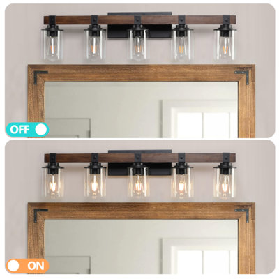 35" Rustic 5-Light Vanity Light, Industrial Bathroom Wall Sconce with Glass Shades and Wood Accent, Modern Farmhouse Lighting Fixture