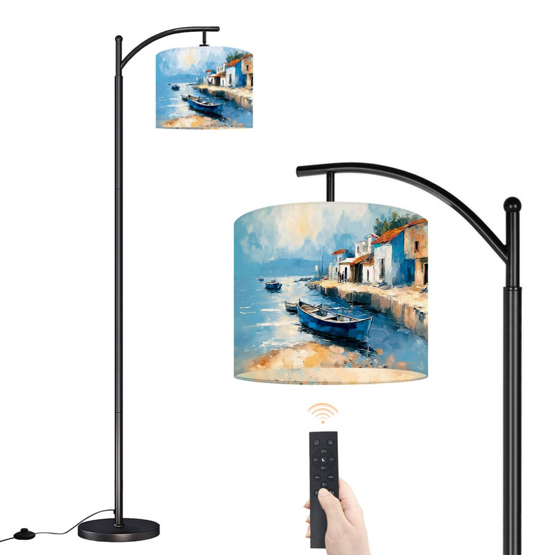 Lampe sur pied à arc avec abat-jour réglable aquarelle dessinés à la main paysage côtier paysage marin bateaux de pêche transparent Lampe sur pied 3 températures de couleur à intensité variable avec poteau pour interrupteur à pied
