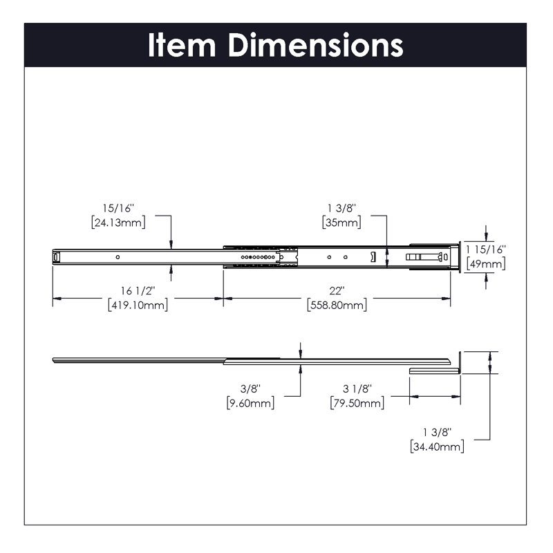 Glissières de tiroir 22 po - extension 3/4 capacité 35 lb. Finition cadmium, H 22 po x l 1,38 po x P 0,44 po