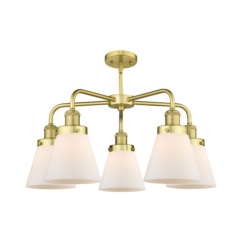 Cone 5 Light Stem Hung Chandelier, Matte White, Satin Gold