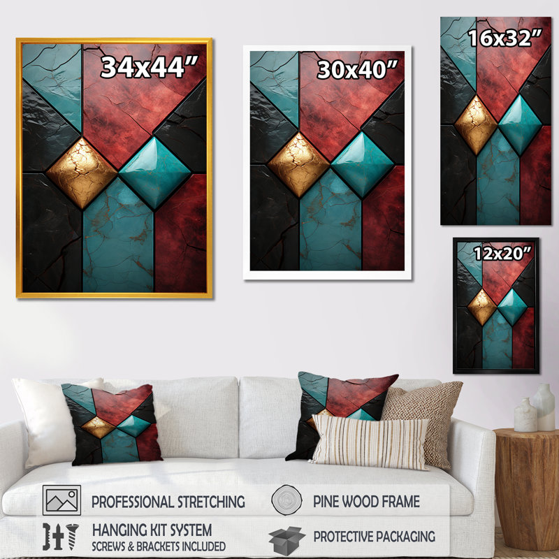 Carreaux de chevron bleu et rouge Elegance II - art mural abstrait, Cadre flottant noir, H 20 po x l 12 po x P 1 po