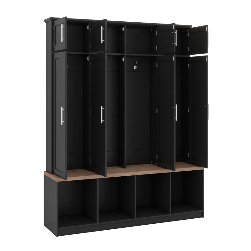 Farmhouse Hall Tree With 4 Hanging Hooks,Mudroom Wood Grain Bench With Open Compartments, Black