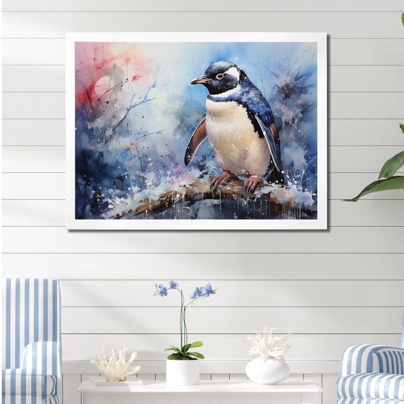 «Snowy Penguin Wonders» sur impression sur toile, H 12 po x l 20 po x P 1 po, Cadre photo blanc