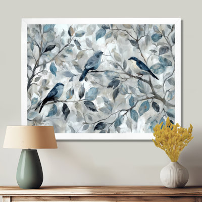 «Birds Love Under A Blue White Orchid Tree Garden», reproduction d'art sur toile encadrée, oiseaux