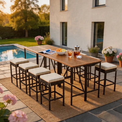 8 - Person Outdoor Patio Dining Set with 8 Cushioned Stools, All-Weather Bar Table Set for Garden, Balcony & Indoor Use