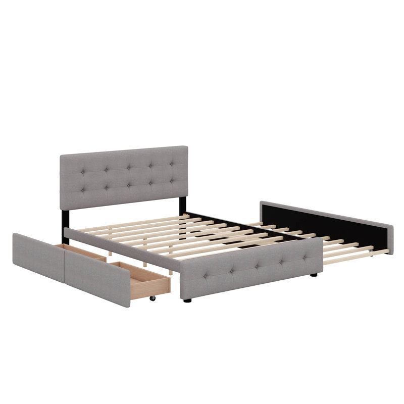 Grand lit plateforme tapissier avec 2 tiroirs et un lit gigogne, Gris clair