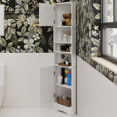 Multi-Functional Corner Cabinet Tall Bathroom Storage Cabinet With Two Doors And Adjustable Shelves, Open Shelf, White