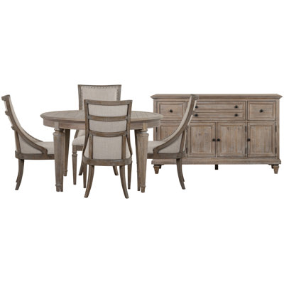 Table de salle à manger extensible ronde avec 4 fauteuils et un buffet