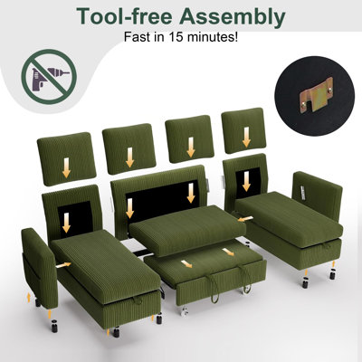 Sectional Sleeper Sofa Bed With Pull Out, Reclining Backrest, Reversible Storage Chaise, Usb Ports, Tool - Free Assembly-Gncsar