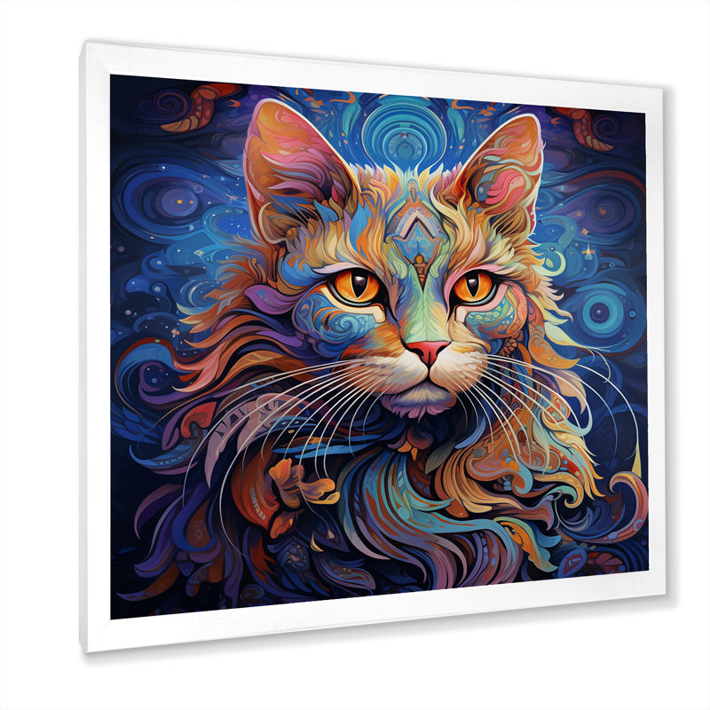 Chat cosmique avec regard mystérieux - imprimé, H 36 po x l 36 po x P 1,5 po, Cadre simple blanc