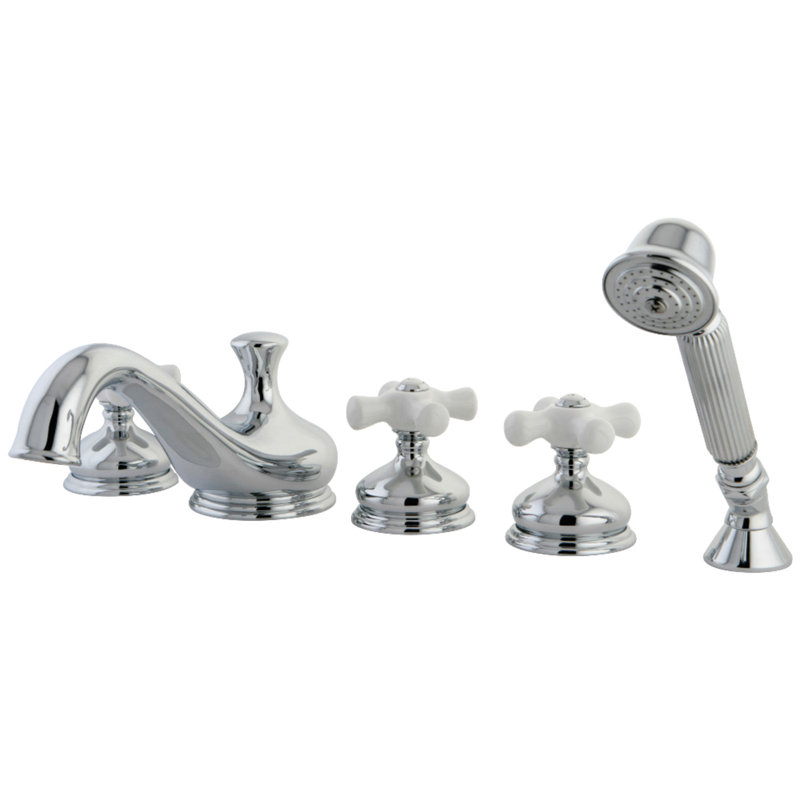 Kingston Brass Three-Handle 5-Hole Deck Mount Roman Tub Faucet with Hand Shower, Polished Chrome