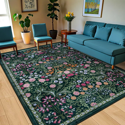 Tapis 8 x 10 pour le salon: Tapis floral lavable rétro, grand, moelleux, antidérapant, moquette, plancher, intérieur, tapis, résistant aux taches, pour chambre à coucher, salle à manger, ferme, chambre de bébé, bureau, vert foncé