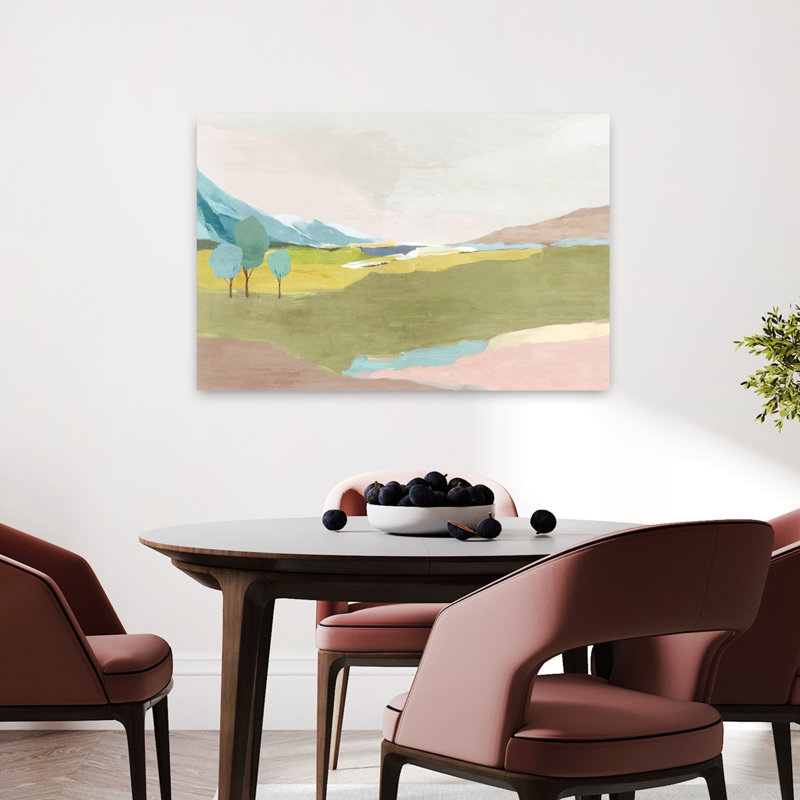 Tranquil Meadow with Distant Mountains Abstract Contemporary Landscape Nature, art mural, H 24 po x l 36 po