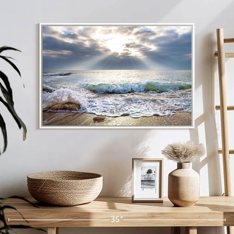 Océan au lever du soleil, Cadre flottant blanc, 25 po x 17 po