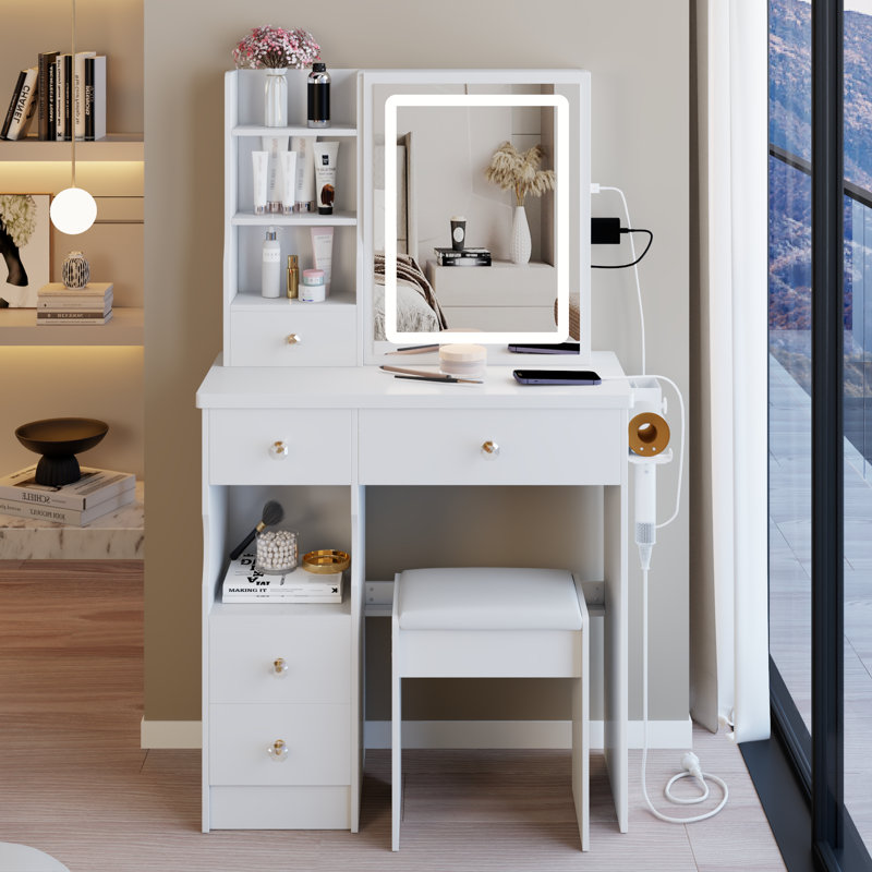 Petit meuble-lavabo de 29,2 po avec tiroir à gauche + tabouret rembourré, 2 blocs d'alimentation CA + 2 ports USB, support pour sèche-cheveux, très grand miroir coulissant à commande tactile à DEL, réglage de la luminosité tricolore, réglage de la luminosité