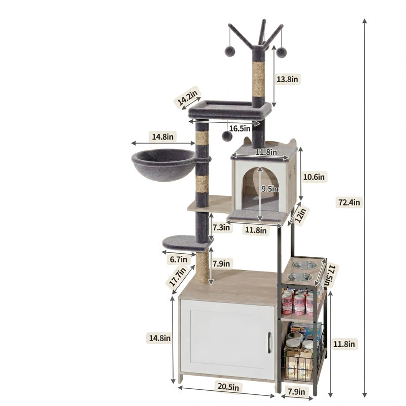 Multi-Level Cat Tree with Food Station & Litter Box Enclosure, Sisal Scratching Posts, Plush Hammock, Grey